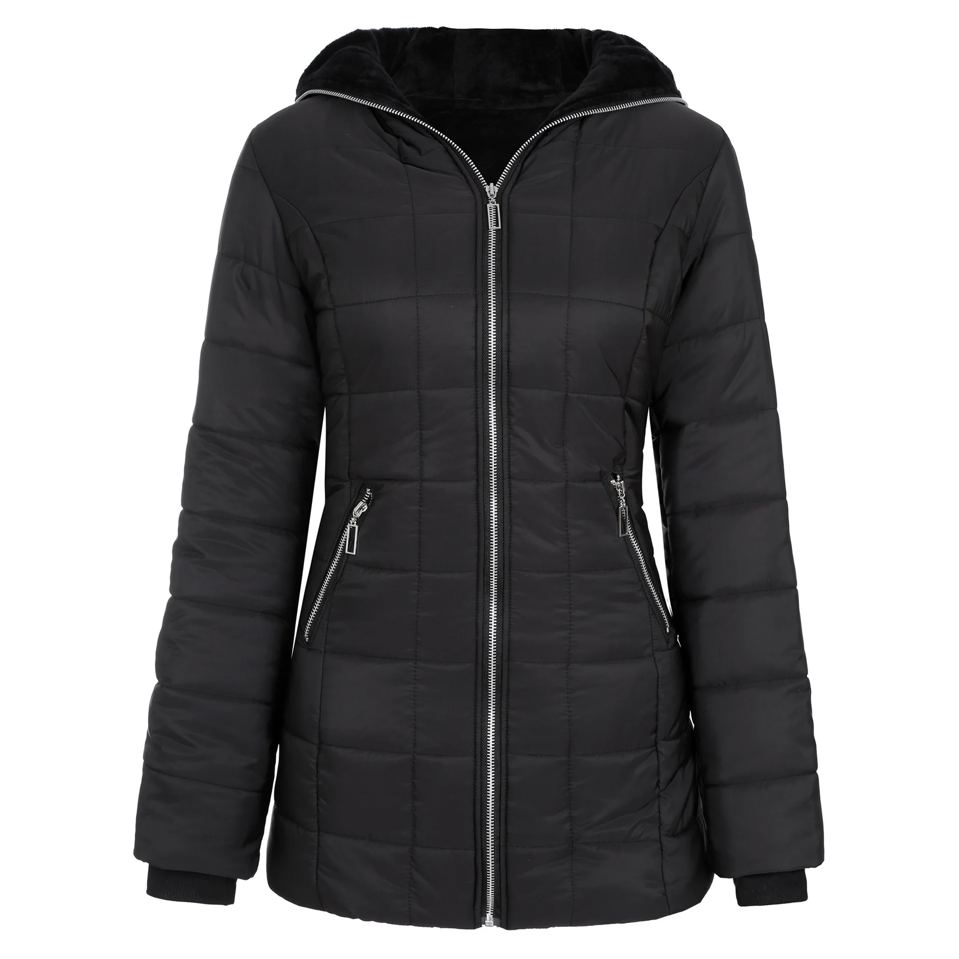 Winter Cotton-padded Clothes Womens Hooded Warm Velvet Cotton-padded Clothes Medium and Long Jackets Black Cotton-padded Jackets