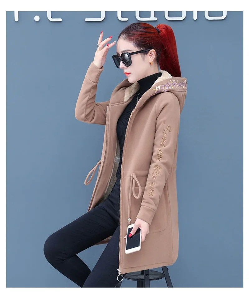 Plus Velvet Thick Lamb Plush Jacket Women 2025 New Autumn Winter Parkas Lace-Up Of Hooded Loose Long Embroid Trench Coat Female