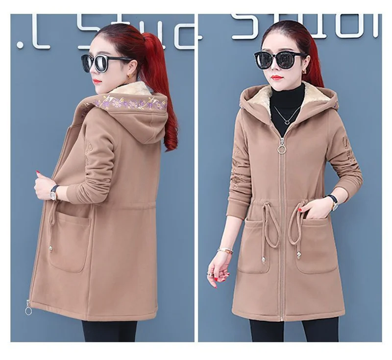 Plus Velvet Thick Lamb Plush Jacket Women 2025 New Autumn Winter Parkas Lace-Up Of Hooded Loose Long Embroid Trench Coat Female