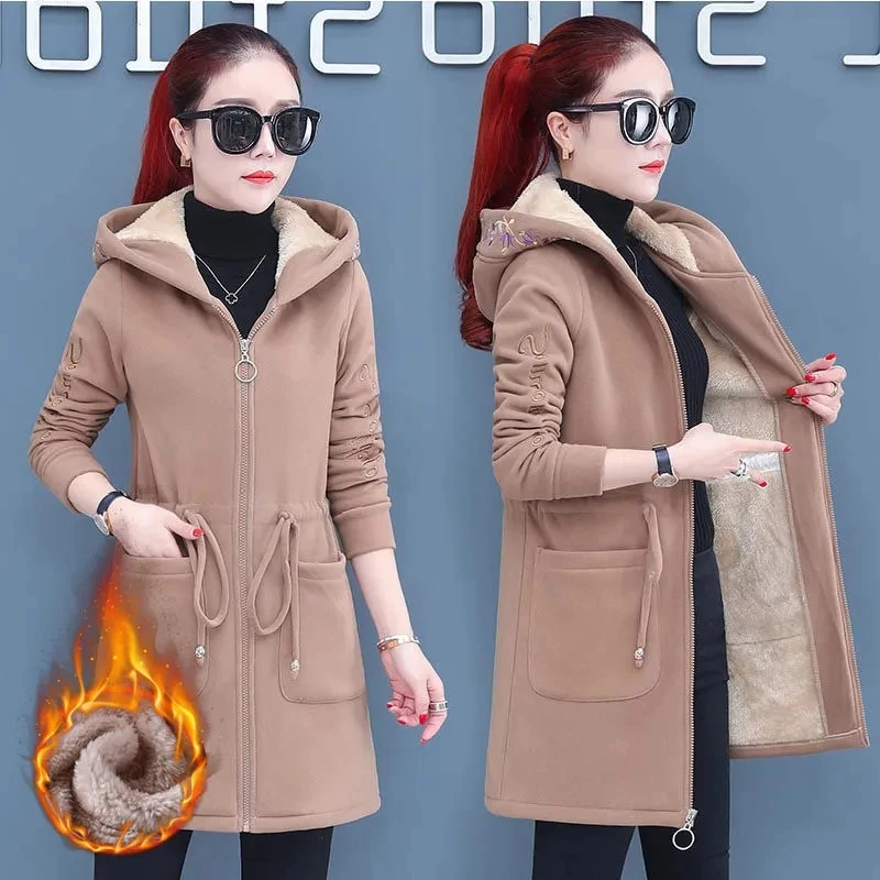Plus Velvet Thick Lamb Plush Jacket Women 2025 New Autumn Winter Parkas Lace-Up Of Hooded Loose Long Embroid Trench Coat Female