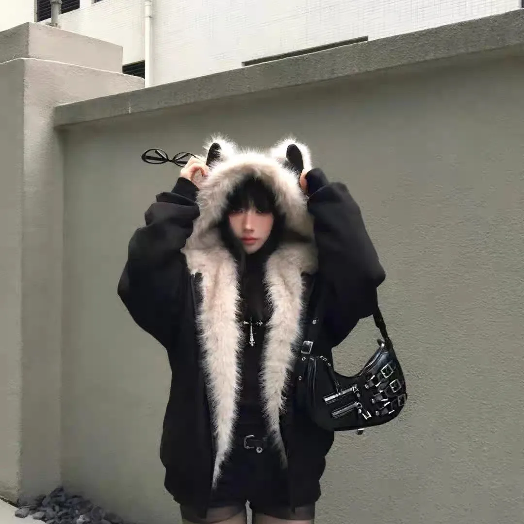 Faux Fur Y2K Parkas Gothic Harajuku Subculture Punk Emo Sweatshirts and Jacket American Vintage Coats with Hooded Women's