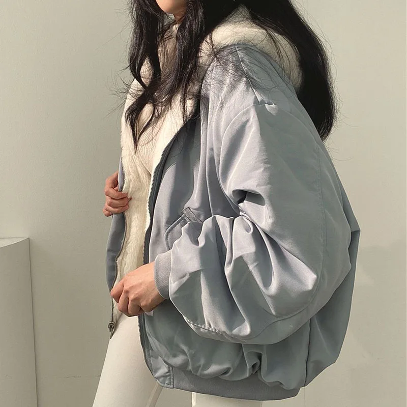 Xpqbb Autumn Winter Thicken Jackets Women Casual Loose Zipper Warm Fleece Hooded Parkas Female Double-Layer Simple Plush Coats