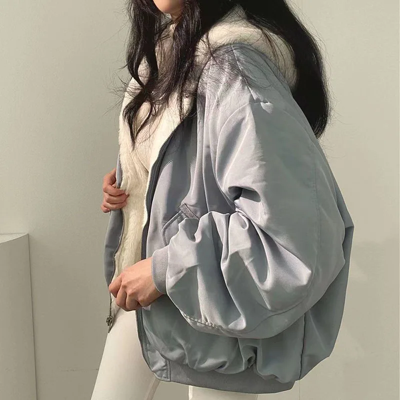 Xpqbb Autumn Winter Thicken Jackets Women Casual Loose Zipper Warm Fleece Hooded Parkas Female Double-Layer Simple Plush Coats