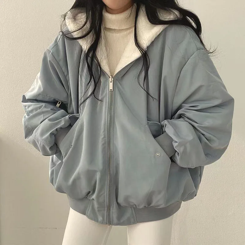 Xpqbb Autumn Winter Thicken Jackets Women Casual Loose Zipper Warm Fleece Hooded Parkas Female Double-Layer Simple Plush Coats