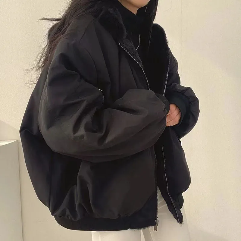 Xpqbb Autumn Winter Thicken Jackets Women Casual Loose Zipper Warm Fleece Hooded Parkas Female Double-Layer Simple Plush Coats