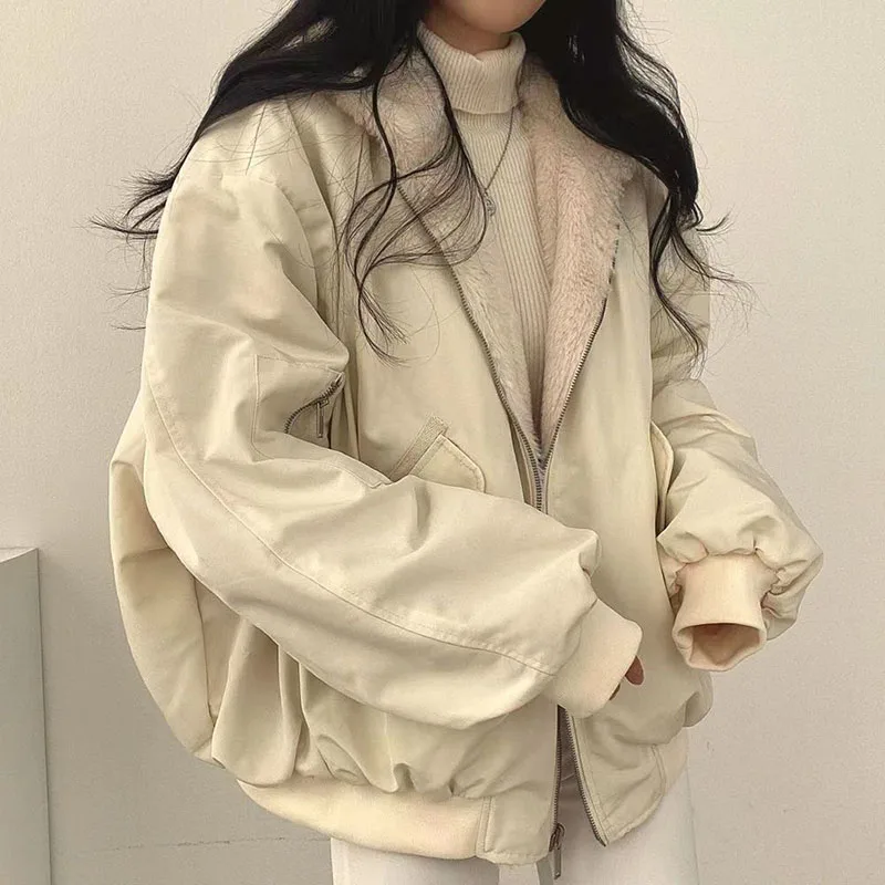 Xpqbb Autumn Winter Thicken Jackets Women Casual Loose Zipper Warm Fleece Hooded Parkas Female Double-Layer Simple Plush Coats