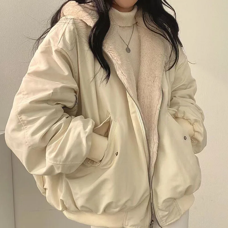 Xpqbb Autumn Winter Thicken Jackets Women Casual Loose Zipper Warm Fleece Hooded Parkas Female Double-Layer Simple Plush Coats