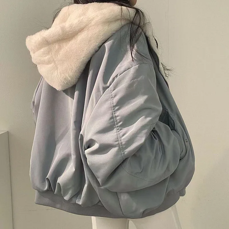 Xpqbb Autumn Winter Thicken Jackets Women Casual Loose Zipper Warm Fleece Hooded Parkas Female Double-Layer Simple Plush Coats