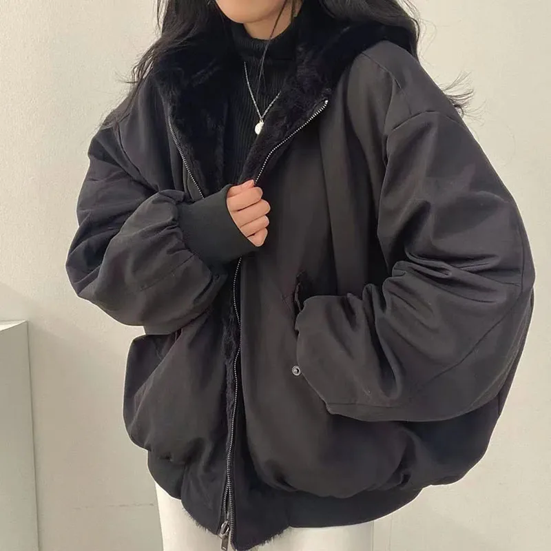 Xpqbb Autumn Winter Thicken Jackets Women Casual Loose Zipper Warm Fleece Hooded Parkas Female Double-Layer Simple Plush Coats