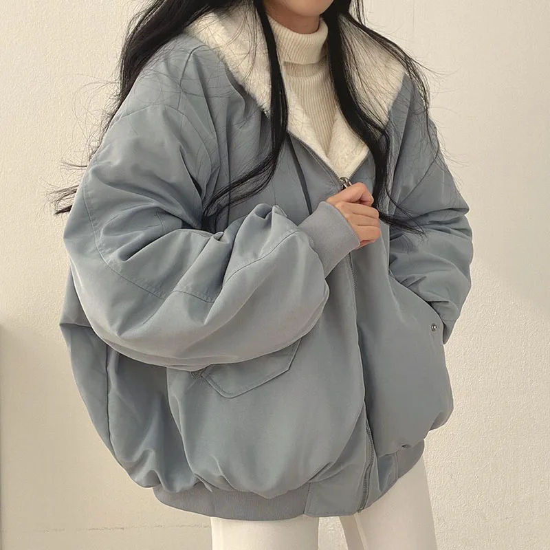 Xpqbb Autumn Winter Thicken Jackets Women Casual Loose Zipper Warm Fleece Hooded Parkas Female Double-Layer Simple Plush Coats