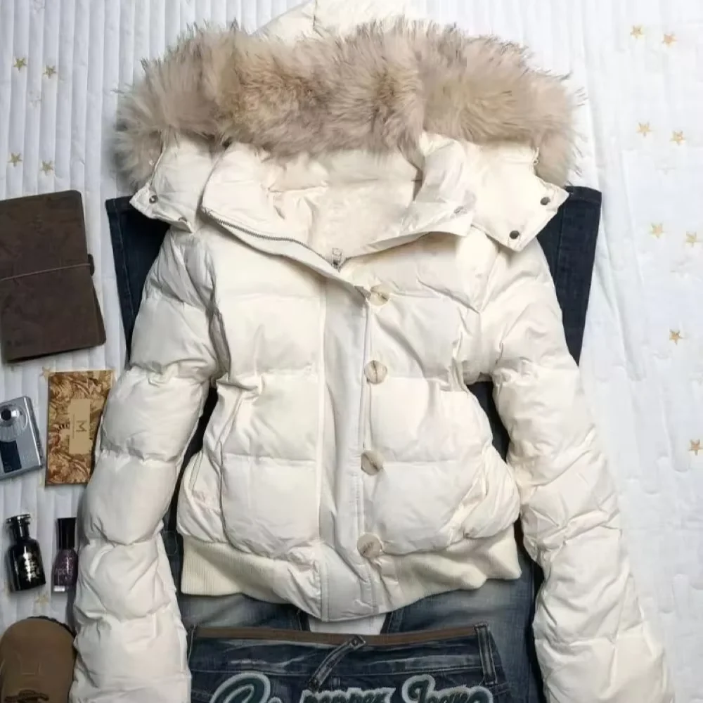 American Vintage Long Sleeve Parkas Faux Fur Collar Women Casual Pure Color Coat Streetwear Zipper Slim Y2k Retro 2025 Autumn