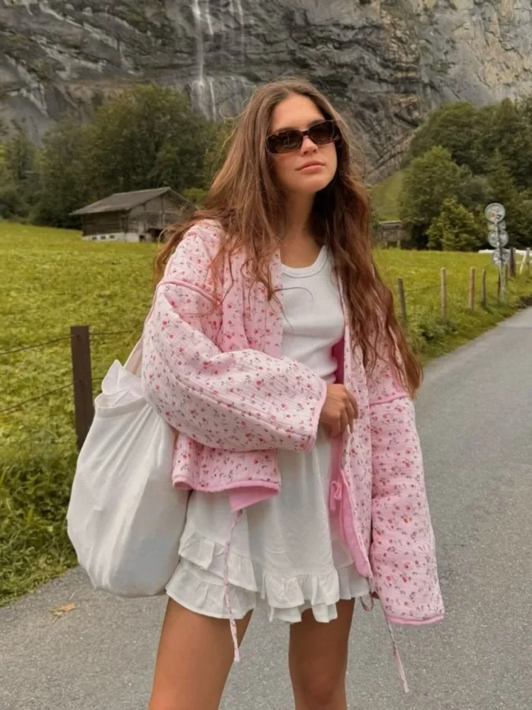 Y-Neck Floral Print Cotton Jacket Padded Coat Pink Lace Up Loose Casual Japanese Cardigan Cotton-Padded Coats Women Warm Outwear