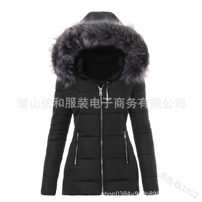 Women Parkas Jacket Cotton Coat Winter Thick Fur Collar Hooded Windproof Padded Jackets Outerwear Zipper Overcoat Office Lady