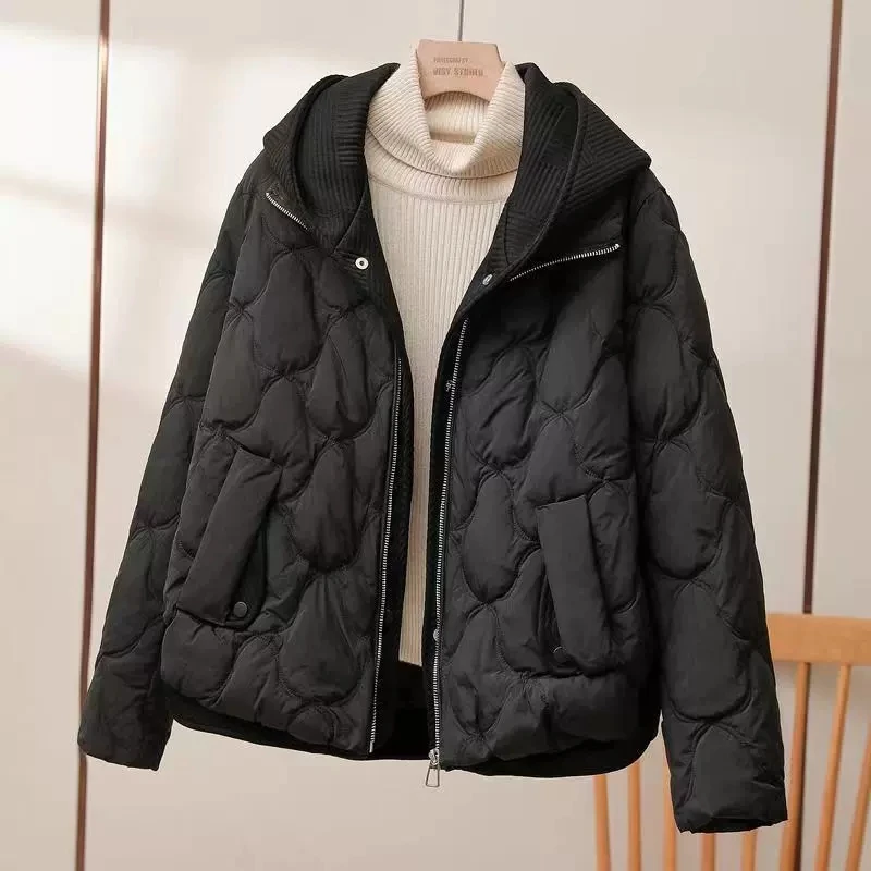 2025 Winter Hooded Cotton Jacket Women Short Fake Two-Piece Down Cotton Jacket Women Loose Thicken Cotton Coat New Women Parkas