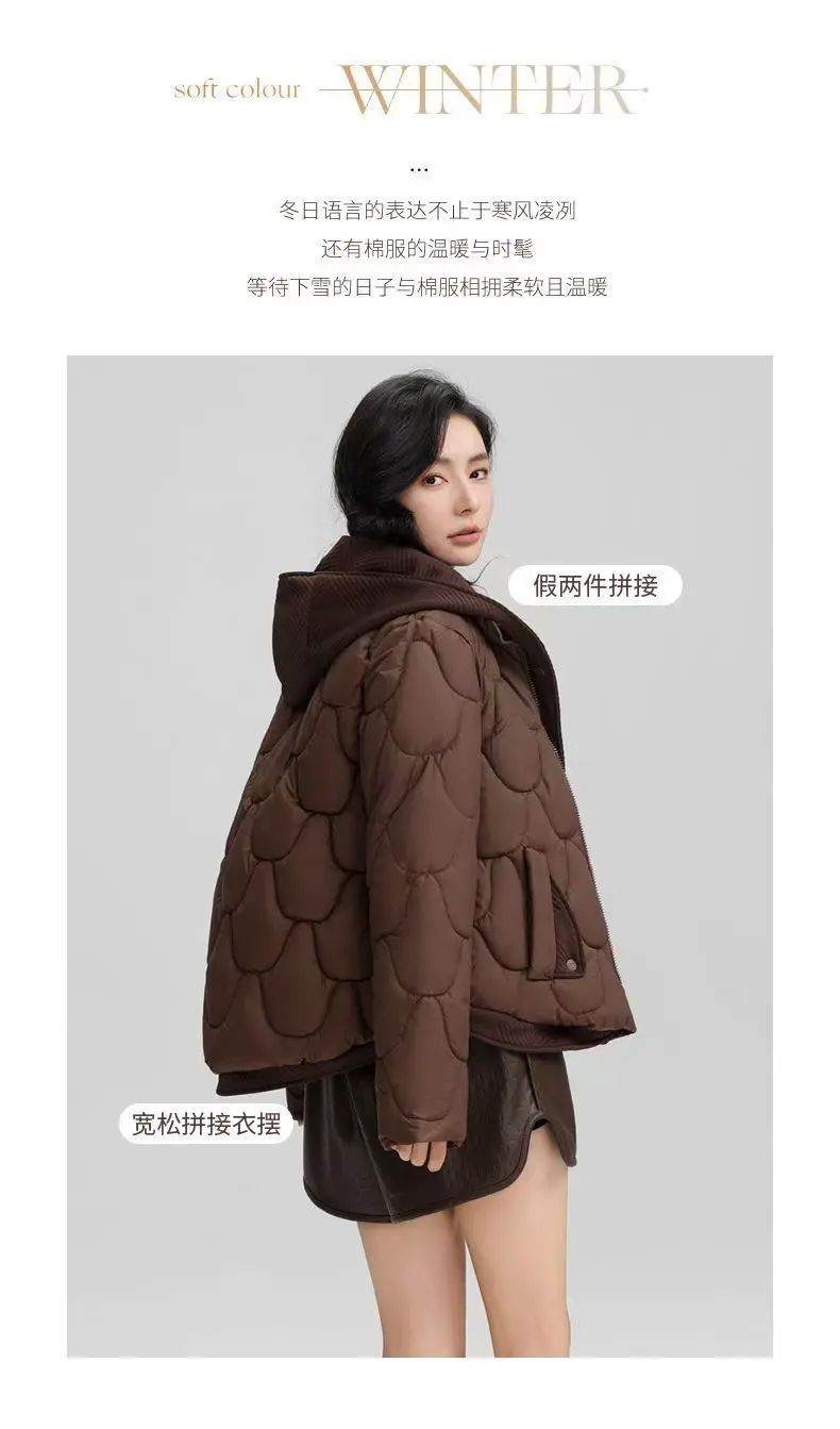 2025 Winter Hooded Cotton Jacket Women Short Fake Two-Piece Down Cotton Jacket Women Loose Thicken Cotton Coat New Women Parkas