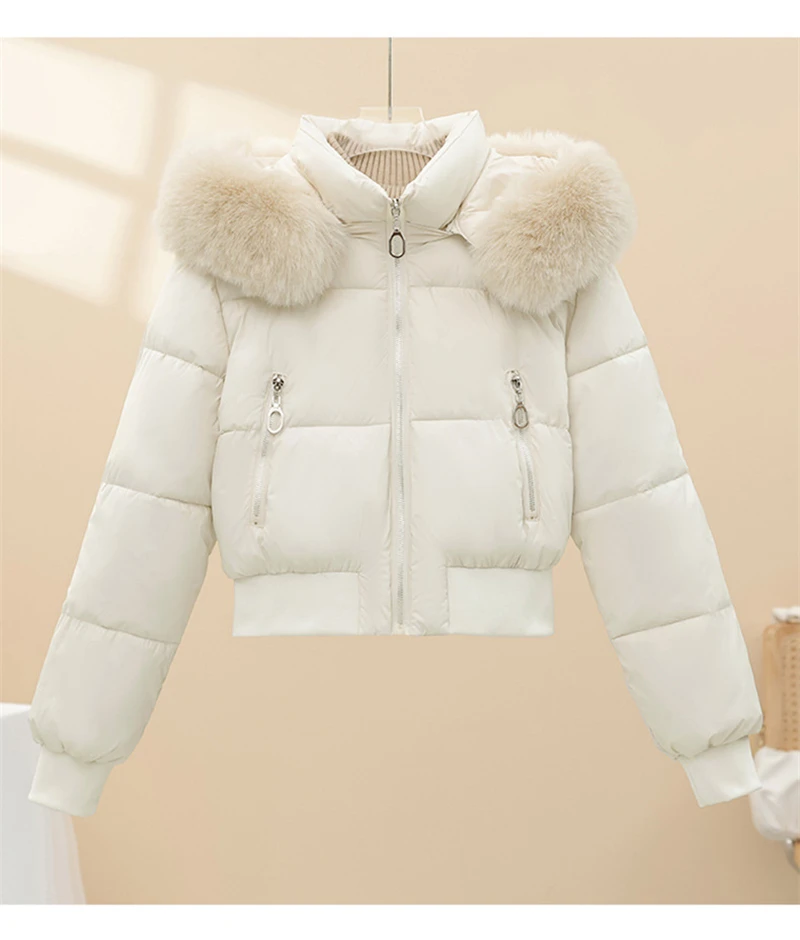 Short Cotton Jackets Long Sleeve Loose Hooded Short Women's Parka Coats Big Fur Collar Winter Down Cotton Padded Coats 2025 New