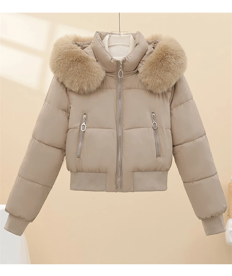 Short Cotton Jackets Long Sleeve Loose Hooded Short Women's Parka Coats Big Fur Collar Winter Down Cotton Padded Coats 2025 New