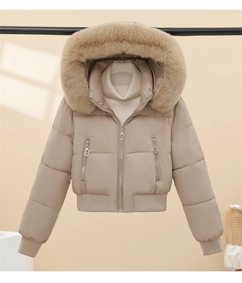 Short Cotton Jackets Long Sleeve Loose Hooded Short Women's Parka Coats Big Fur Collar Winter Down Cotton Padded Coats 2025 New