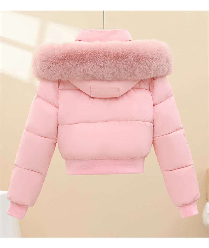 Short Cotton Jackets Long Sleeve Loose Hooded Short Women's Parka Coats Big Fur Collar Winter Down Cotton Padded Coats 2025 New