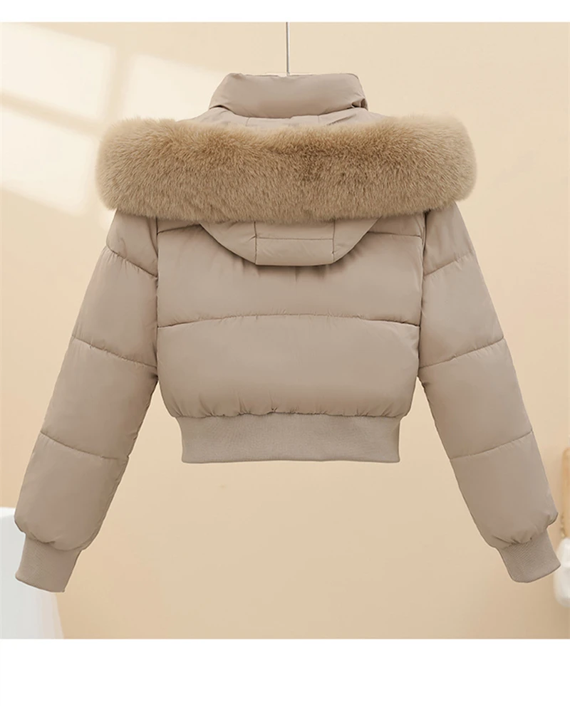 Short Cotton Jackets Long Sleeve Loose Hooded Short Women's Parka Coats Big Fur Collar Winter Down Cotton Padded Coats 2025 New