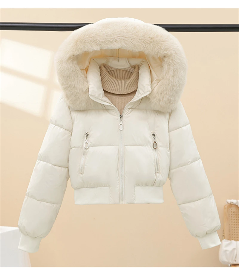 Short Cotton Jackets Long Sleeve Loose Hooded Short Women's Parka Coats Big Fur Collar Winter Down Cotton Padded Coats 2025 New