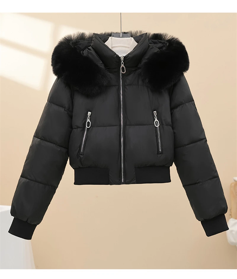 Short Cotton Jackets Long Sleeve Loose Hooded Short Women's Parka Coats Big Fur Collar Winter Down Cotton Padded Coats 2025 New