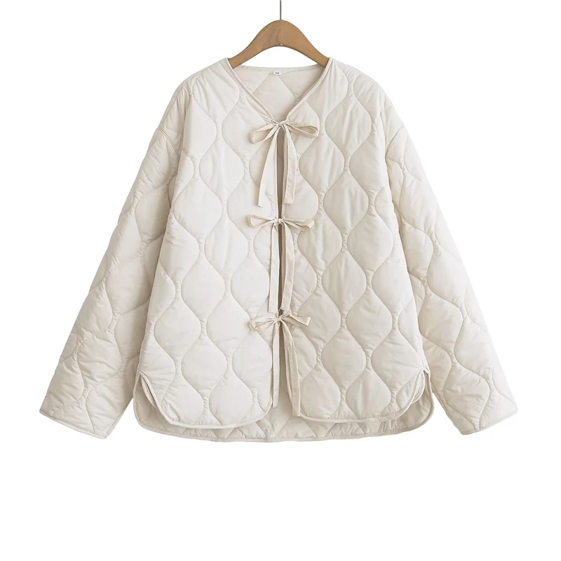 KEYANKETIAN 2024 Autumn/Winter New Women's Bow Lace-up Quilted Cotton Jacket Leisure style Asymmetrical Loose Thin Outerwear