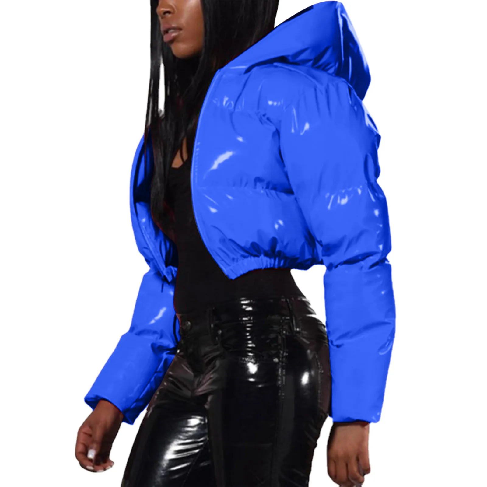 Ultra-Short Glossy Wet-Look Quilted Coats Streetwear Puffy Zip Up Stand Collar Padded Jackets Women's Hooded Bomber Jackets
