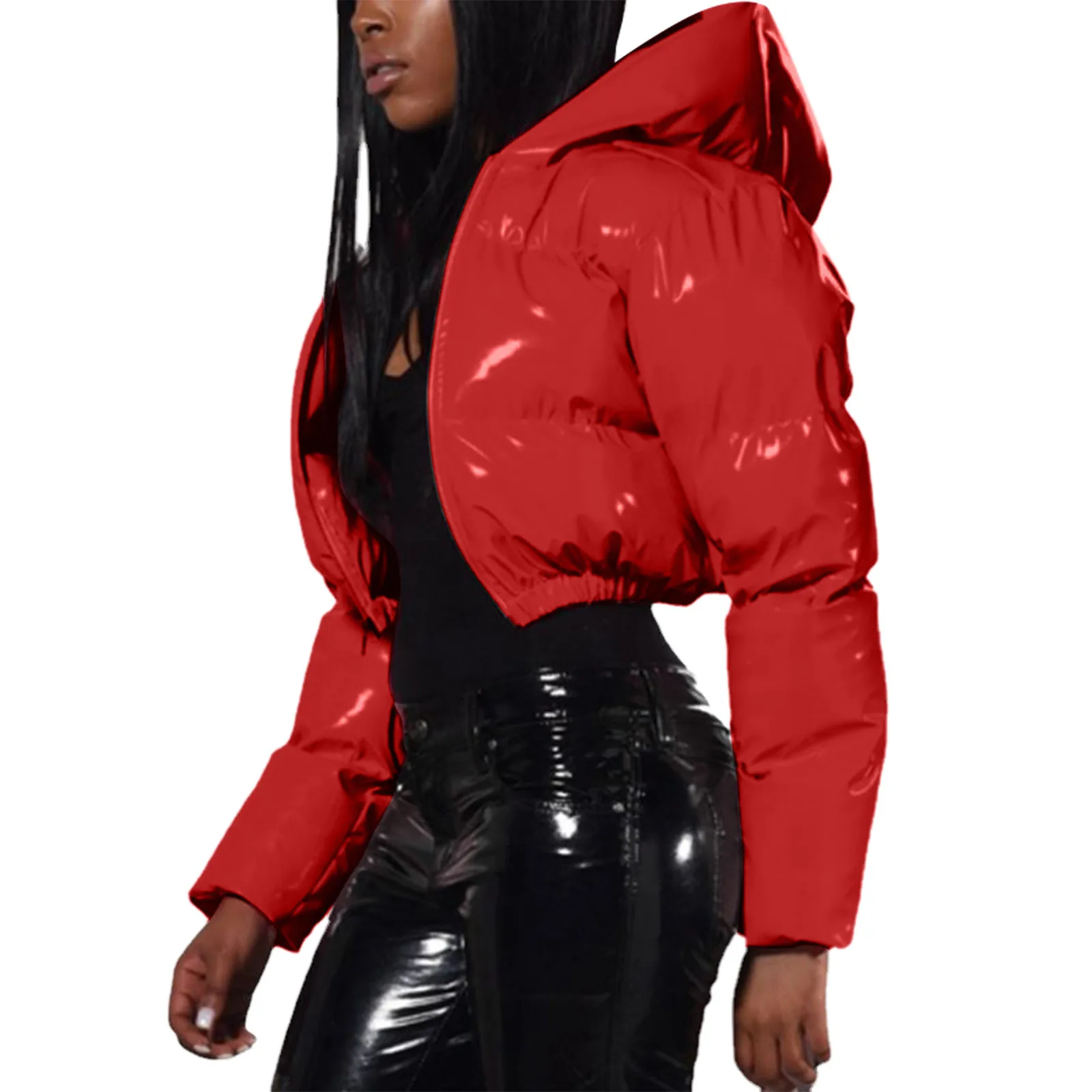 Ultra-Short Glossy Wet-Look Quilted Coats Streetwear Puffy Zip Up Stand Collar Padded Jackets Women's Hooded Bomber Jackets