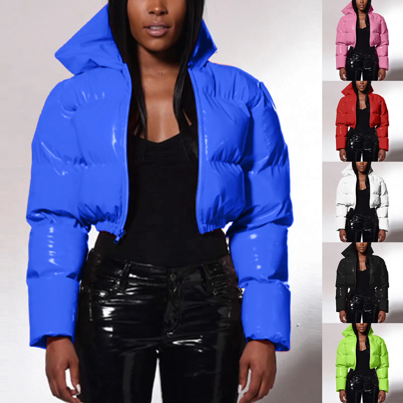 Ultra-Short Glossy Wet-Look Quilted Coats Streetwear Puffy Zip Up Stand Collar Padded Jackets Women's Hooded Bomber Jackets