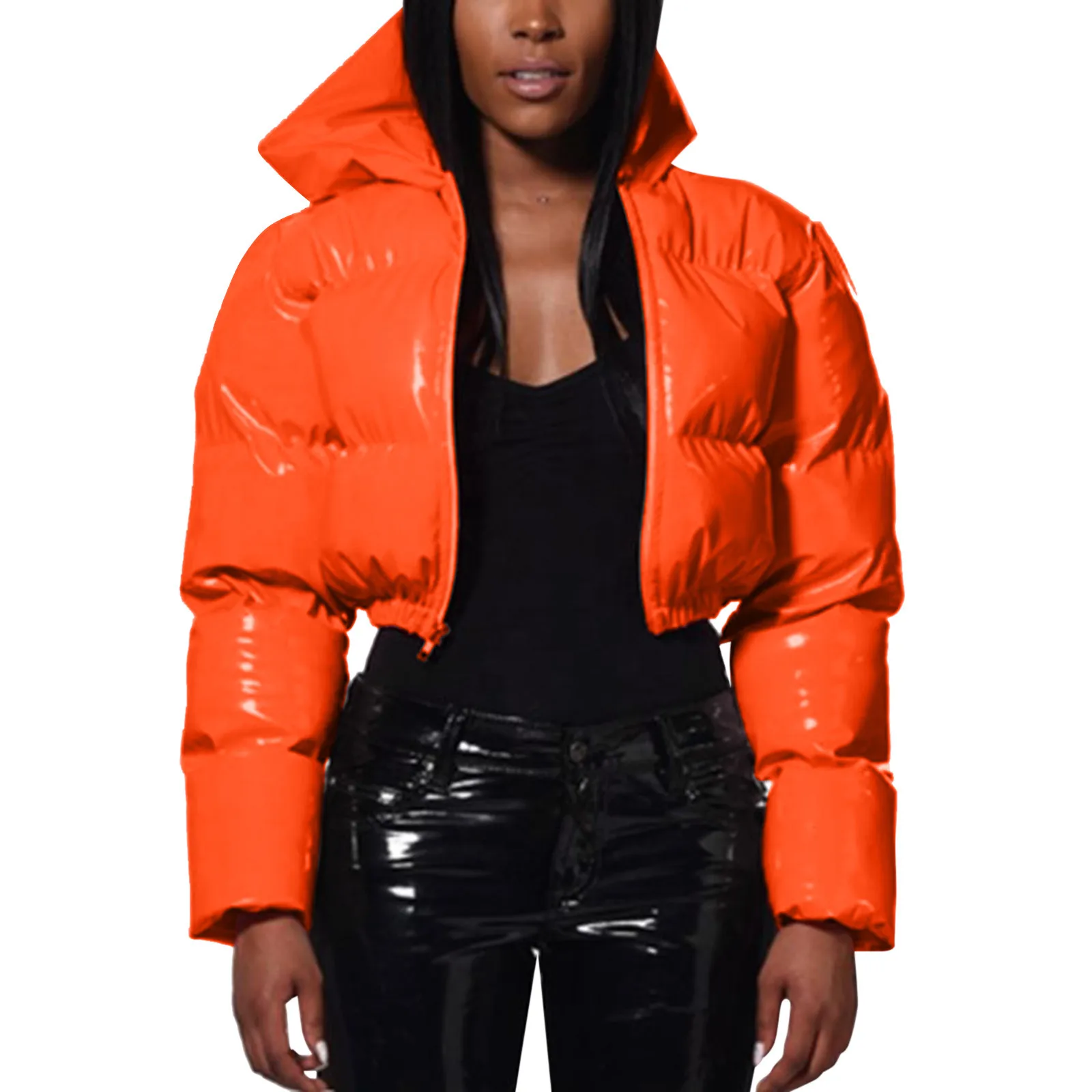 Ultra-Short Glossy Wet-Look Quilted Coats Streetwear Puffy Zip Up Stand Collar Padded Jackets Women's Hooded Bomber Jackets