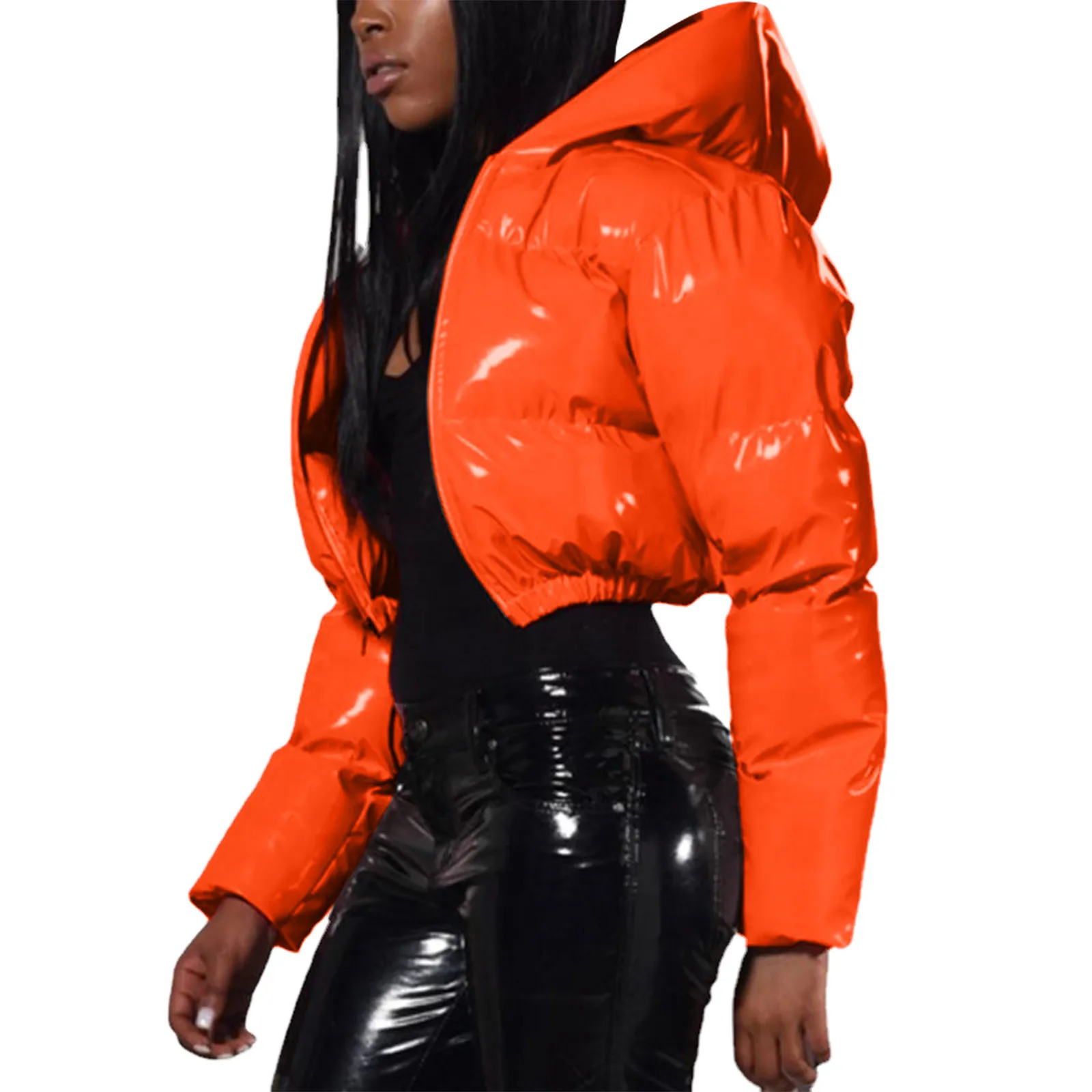 Ultra-Short Glossy Wet-Look Quilted Coats Streetwear Puffy Zip Up Stand Collar Padded Jackets Women's Hooded Bomber Jackets