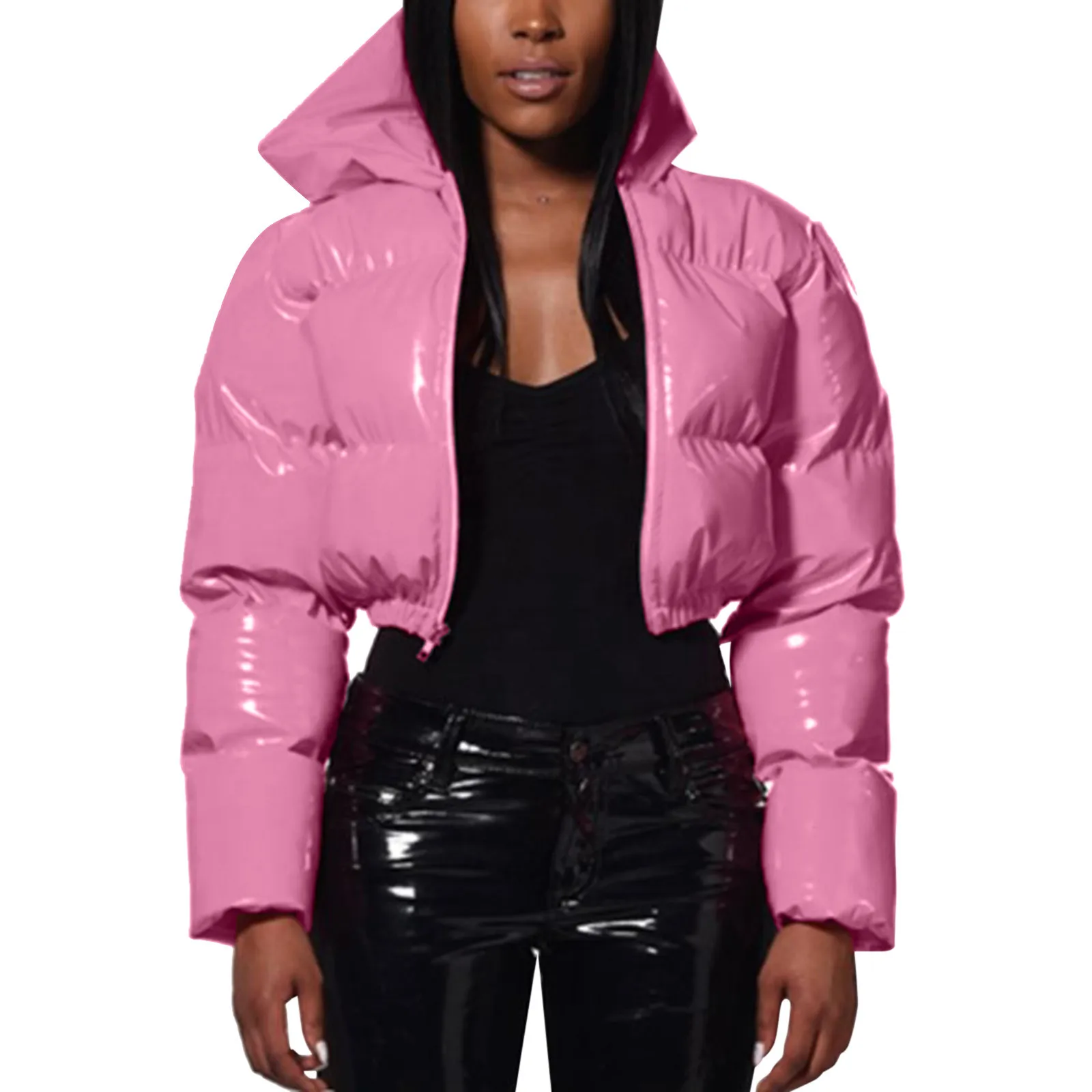 Ultra-Short Glossy Wet-Look Quilted Coats Streetwear Puffy Zip Up Stand Collar Padded Jackets Women's Hooded Bomber Jackets