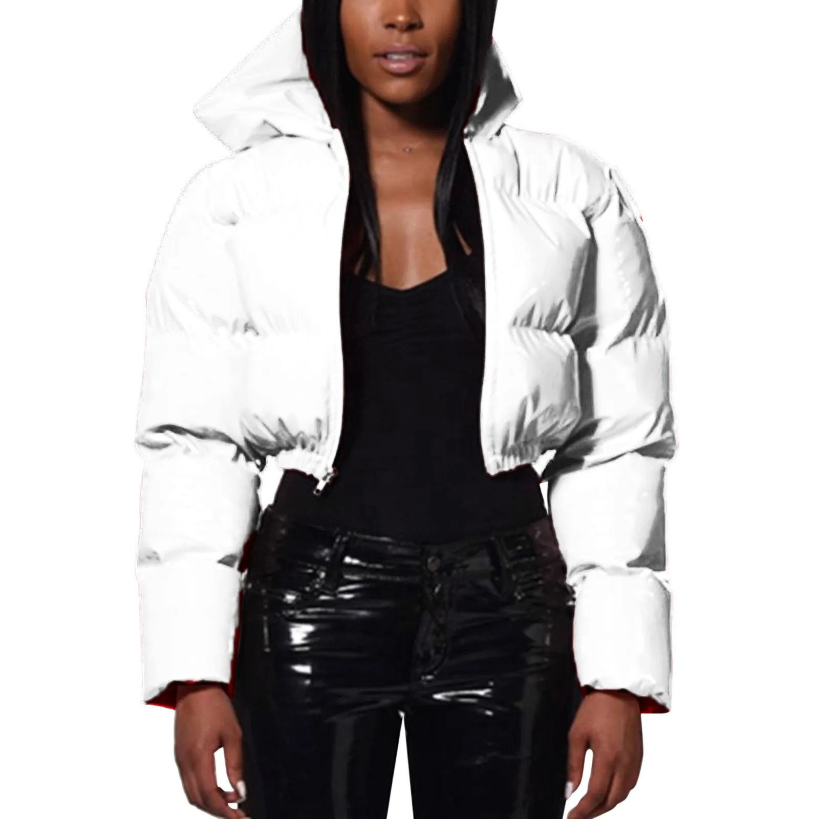 Ultra-Short Glossy Wet-Look Quilted Coats Streetwear Puffy Zip Up Stand Collar Padded Jackets Women's Hooded Bomber Jackets