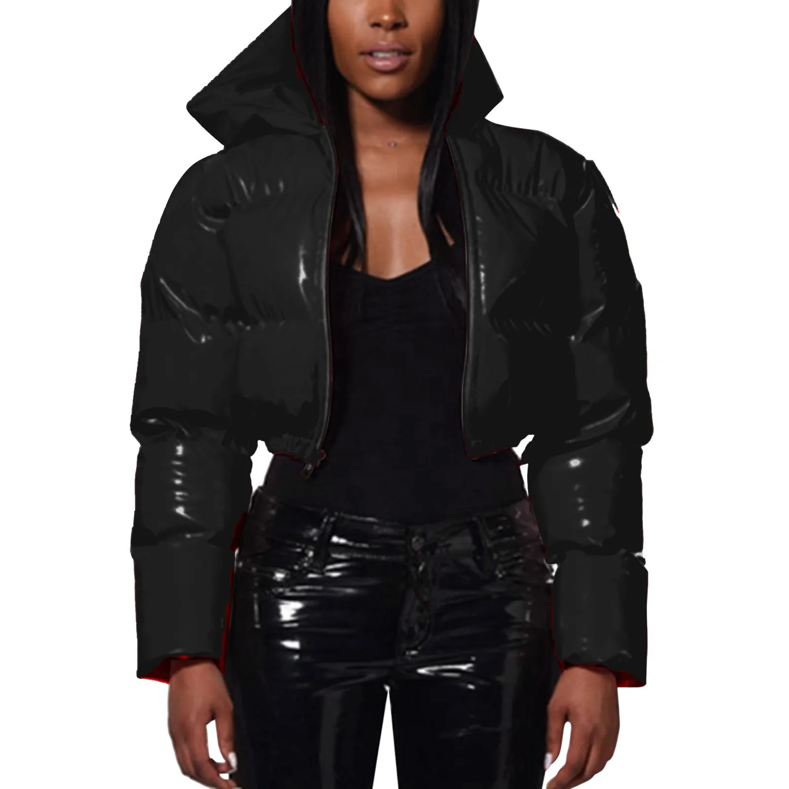 Ultra-Short Glossy Wet-Look Quilted Coats Streetwear Puffy Zip Up Stand Collar Padded Jackets Women's Hooded Bomber Jackets