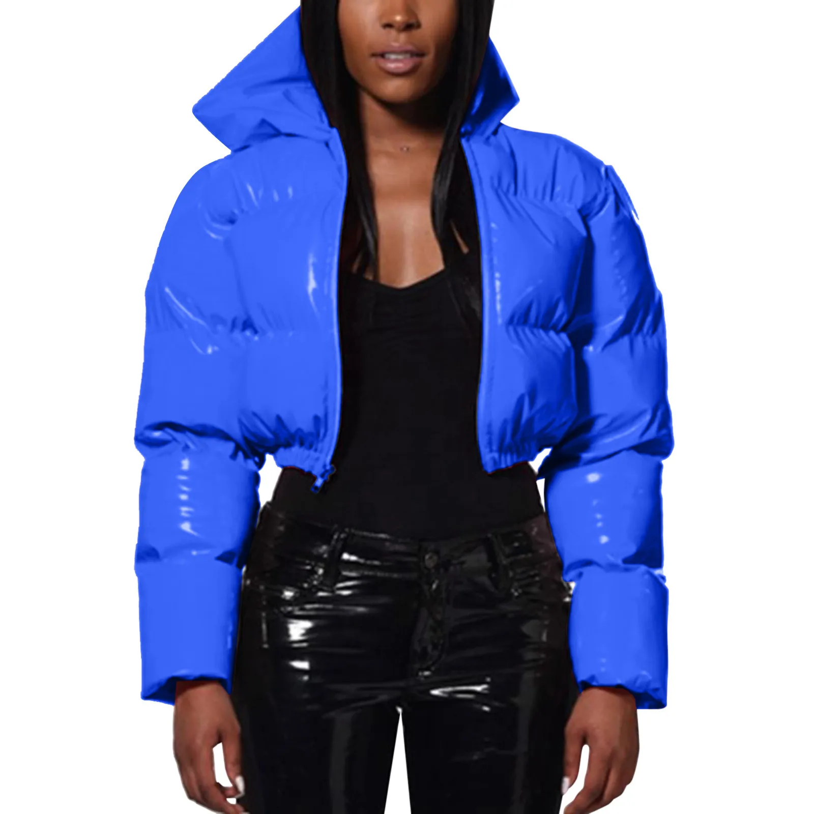 Ultra-Short Glossy Wet-Look Quilted Coats Streetwear Puffy Zip Up Stand Collar Padded Jackets Women's Hooded Bomber Jackets