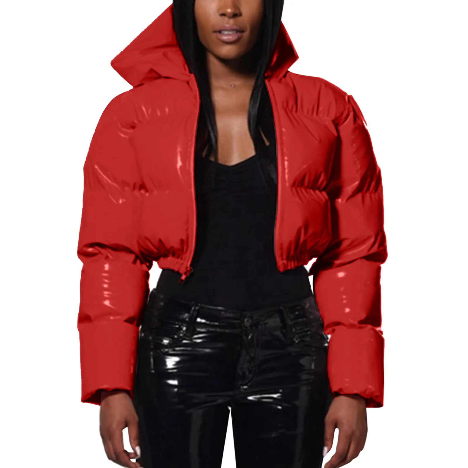 Ultra-Short Glossy Wet-Look Quilted Coats Streetwear Puffy Zip Up Stand Collar Padded Jackets Women's Hooded Bomber Jackets