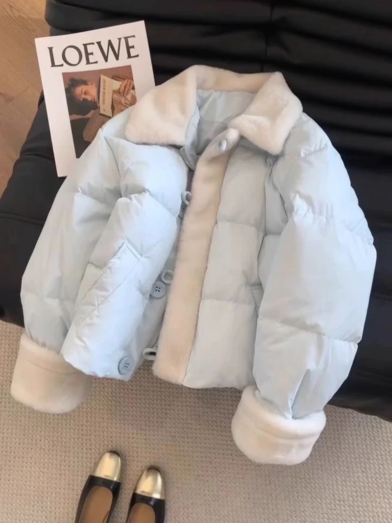 Sweet Preppy Zipper Parkas Women Winter Plush Patchwork Warm Loose Crop Puffy Coats Solid Aesthetic Long Sleeve Casual Outwear