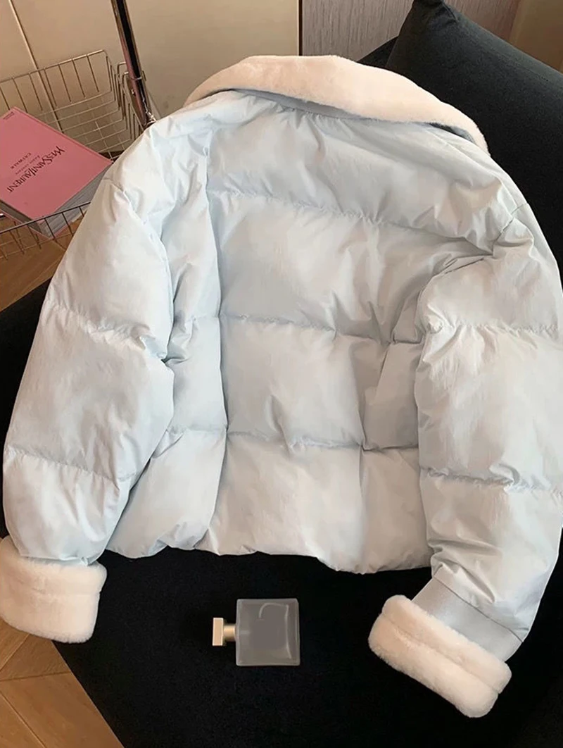 Sweet Preppy Zipper Parkas Women Winter Plush Patchwork Warm Loose Crop Puffy Coats Solid Aesthetic Long Sleeve Casual Outwear