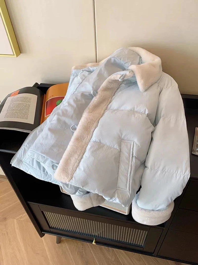 Sweet Preppy Zipper Parkas Women Winter Plush Patchwork Warm Loose Crop Puffy Coats Solid Aesthetic Long Sleeve Casual Outwear