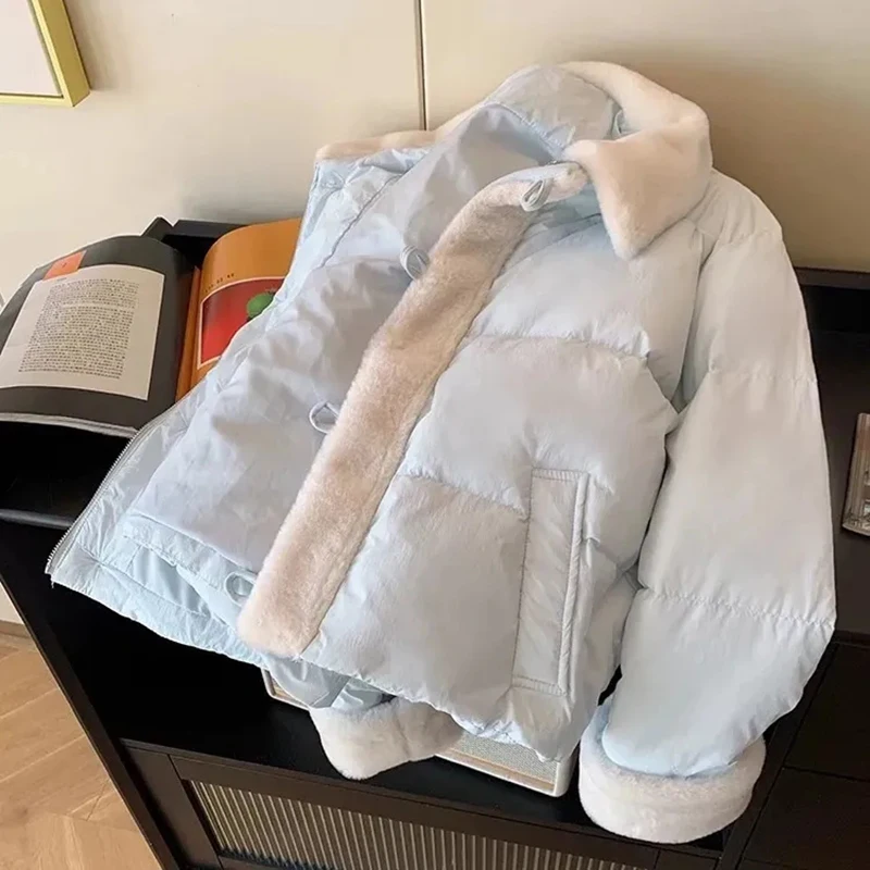 Sweet Preppy Zipper Parkas Women Winter Plush Patchwork Warm Loose Crop Puffy Coats Solid Aesthetic Long Sleeve Casual Outwear