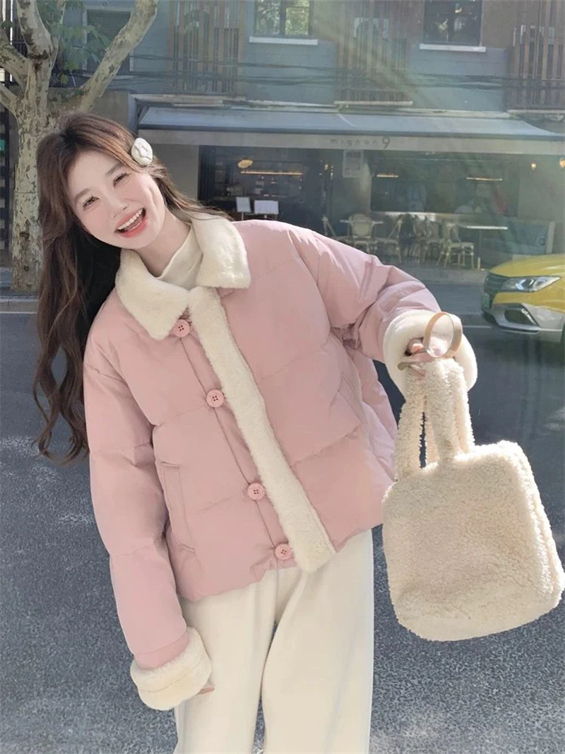 Sweet Preppy Zipper Parkas Women Winter Plush Patchwork Warm Loose Crop Puffy Coats Solid Aesthetic Long Sleeve Casual Outwear