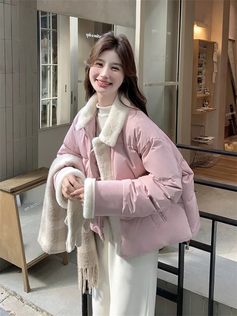 Sweet Preppy Zipper Parkas Women Winter Plush Patchwork Warm Loose Crop Puffy Coats Solid Aesthetic Long Sleeve Casual Outwear