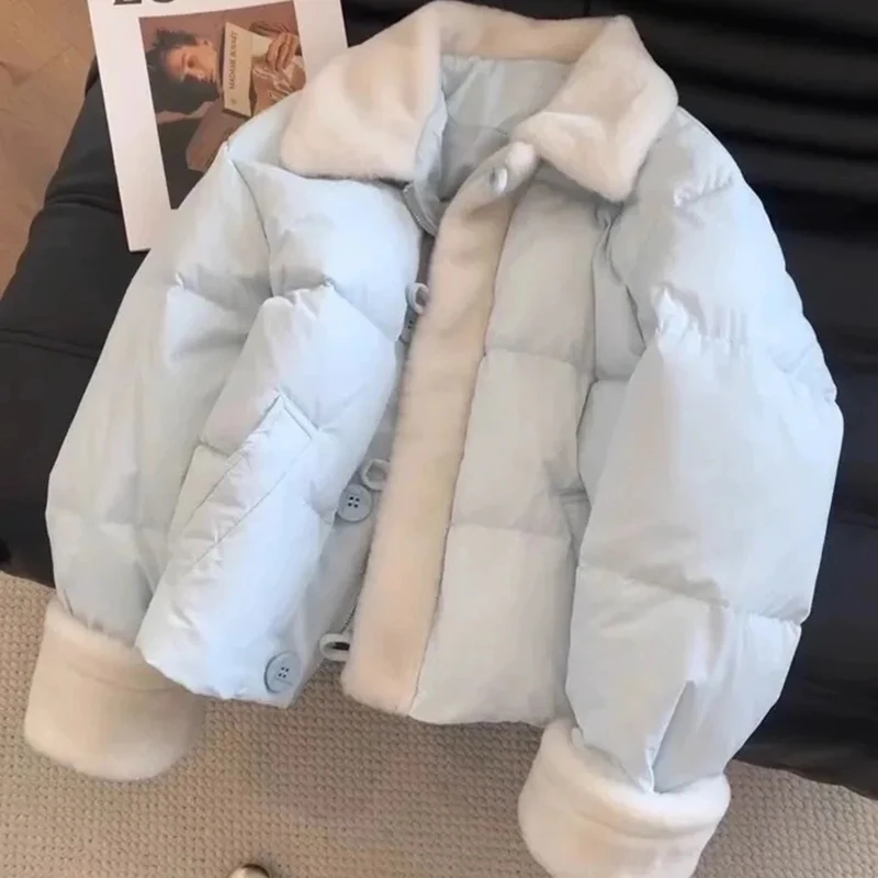 Sweet Preppy Zipper Parkas Women Winter Plush Patchwork Warm Loose Crop Puffy Coats Solid Aesthetic Long Sleeve Casual Outwear