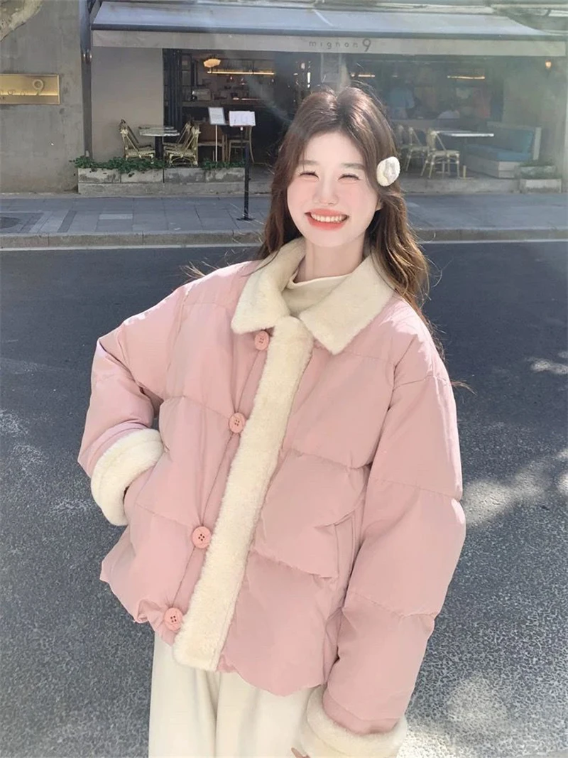 Sweet Preppy Zipper Parkas Women Winter Plush Patchwork Warm Loose Crop Puffy Coats Solid Aesthetic Long Sleeve Casual Outwear