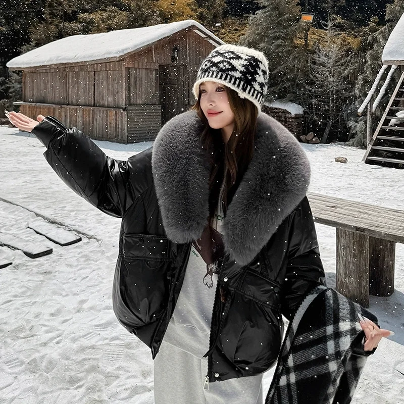 2026 Winter Women Down Cotton Coat Street Imitation Fur Collar Hooded Short Cotton Padded Jacket Female Basic Snow Warm Overcoat