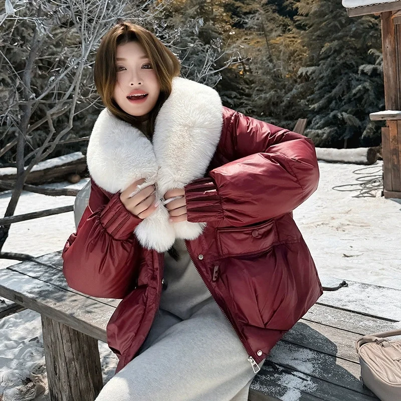 2026 Winter Women Down Cotton Coat Street Imitation Fur Collar Hooded Short Cotton Padded Jacket Female Basic Snow Warm Overcoat