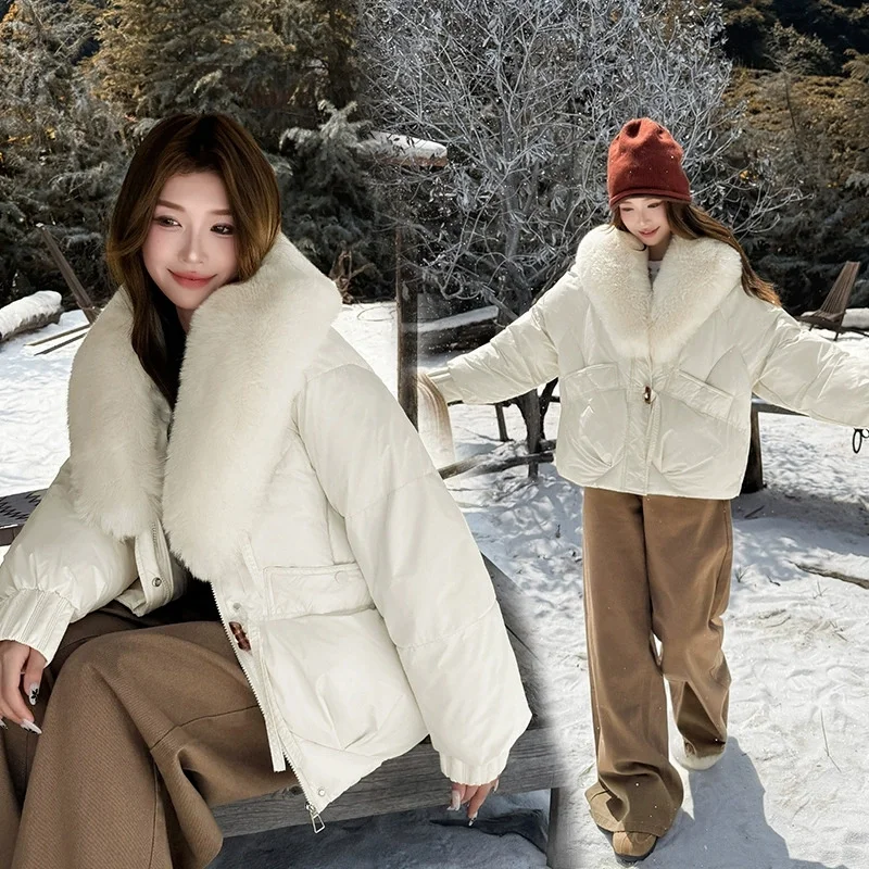 2026 Winter Women Down Cotton Coat Street Imitation Fur Collar Hooded Short Cotton Padded Jacket Female Basic Snow Warm Overcoat