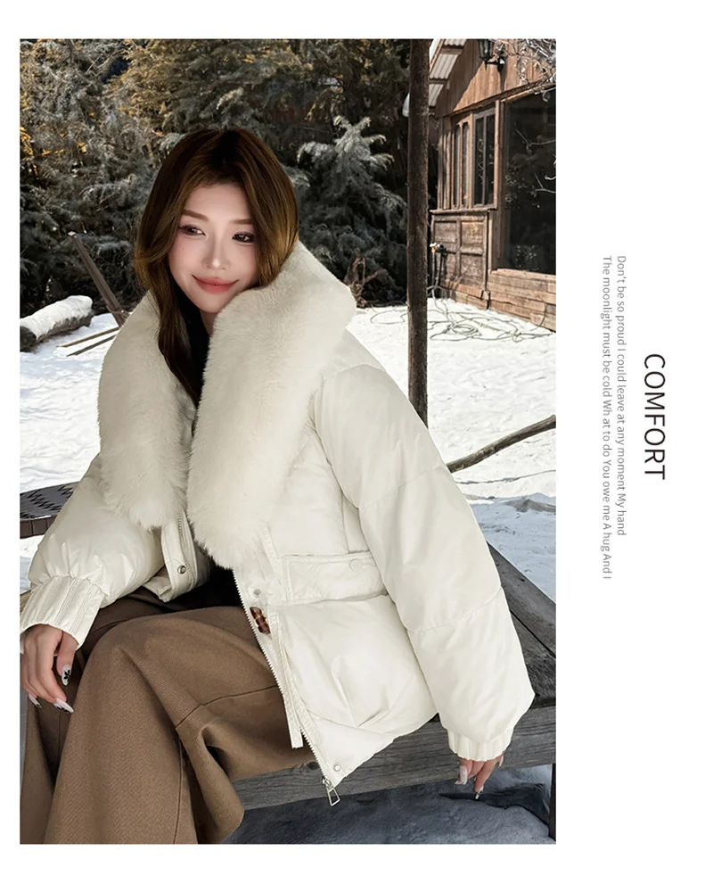 2026 Winter Women Down Cotton Coat Street Imitation Fur Collar Hooded Short Cotton Padded Jacket Female Basic Snow Warm Overcoat