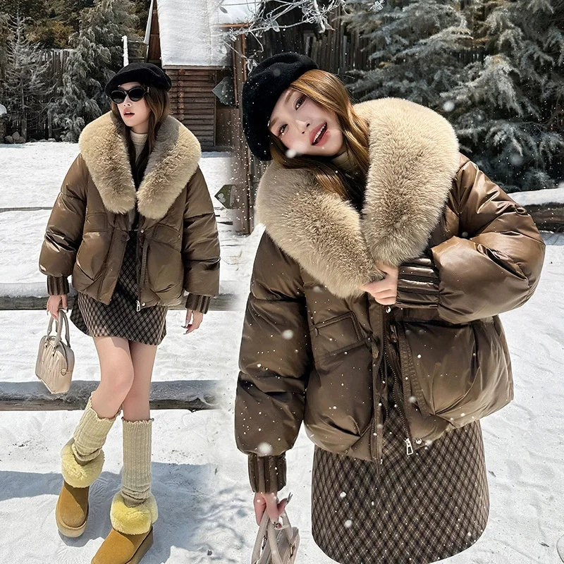 2026 Winter Women Down Cotton Coat Street Imitation Fur Collar Hooded Short Cotton Padded Jacket Female Basic Snow Warm Overcoat
